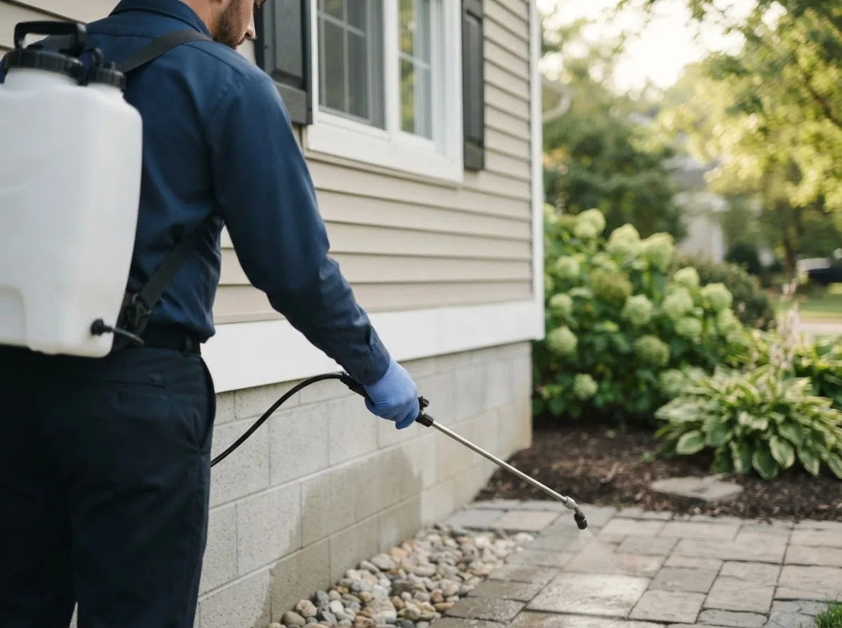 Pest control technician inspecting a home in Tokio, TX